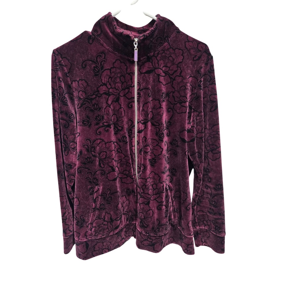 Karen Scott Sport Zip Up Jacket Womens Large Burgundy Floral Velour Goth